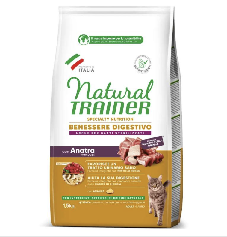 Natural trainer duck sausas maistas suaugusioms katėms virškinimui su antiena 1.5kg