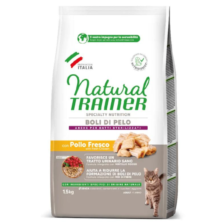 Natural trainer cat hairball chicken sausas maistas katėms su vištiena nuo plaukų gumulėlių susidarymo 1.5kg