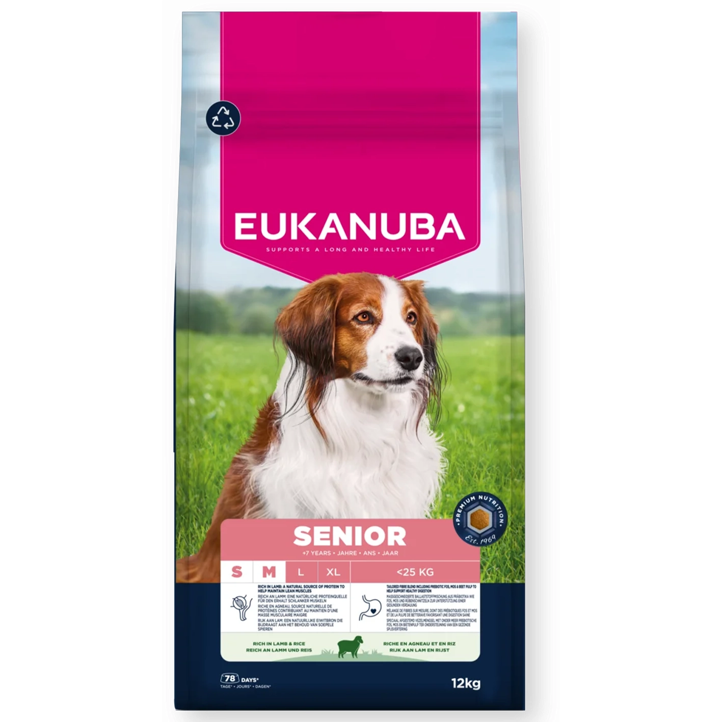 Eukanuba Senior Small Medium Breed Senjorams mažų ir vidutinių veislių šunims Ėriena ir ryžiai 12 kg
