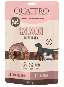 QUATTRO JERKY - SALMON PROTEIN BAR Skanėstai šunims su lašiša 130g 4vnt