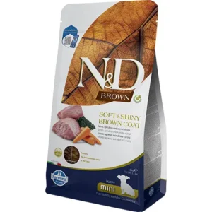 FARMINA N&D Brown Lamb Spirulina & Carrot Puppy Mini – maistas šuniukams ir nėščioms rudo kailio kalėms 1,5kg