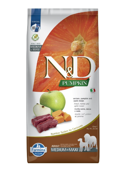 Farmina N&D Pumpkin Venison & Apple Adult Medium & Maxi – šunims su elniena ir obuoliais 12kg