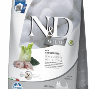 Farmina N&D White Sea Bass, Spirulina Adult Mini – mažų veislių baltiems šunims su jūros ešeriu
