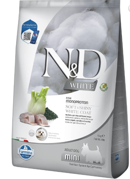 Farmina N&D White Sea Bass, Spirulina Adult Mini – mažų veislių baltiems šunims su jūros ešeriu