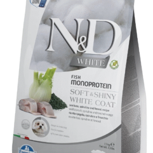 FARMINA N&D White Sea Bass Spirulina Puppy Mini – šuniukams ir nėščioms balto kailio kalėms 1,5kg