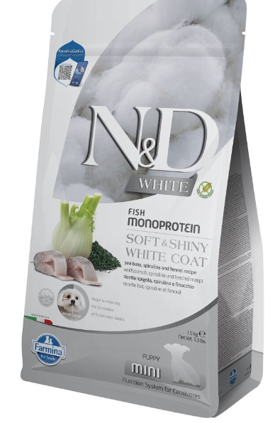 FARMINA N&D White Sea Bass Spirulina Puppy Mini – šuniukams ir nėščioms balto kailio kalėms 1,5kg