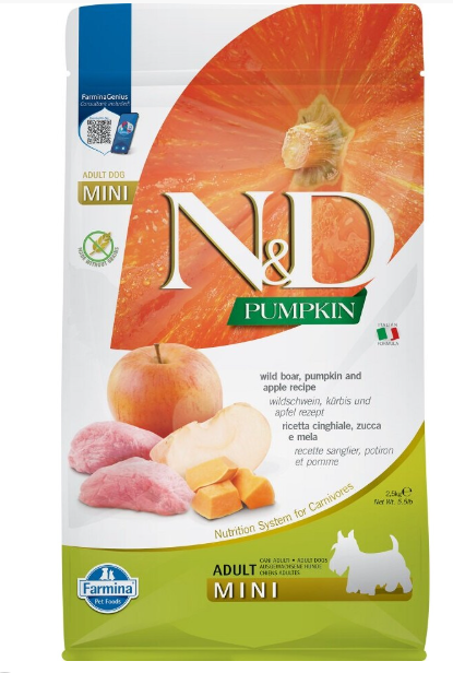 Farmina N&D Pumpkin Wild Boar & Apple Adult Mini – mažų veislių šunims Šerno mėsa ir obuoliai