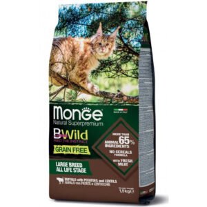 Monge BWild Large Breed maistas Didelių veislių katėms (buivoliena, bulvės, lęšiai) 10kg