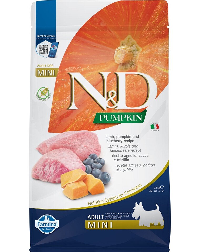 Farmina N&D Pumpkin Lamb & Blueberry Adult Mini – mažų veislių šunims Ėriena ir mėlynės