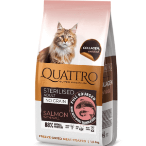 QUATTRO Collagen sausas pašaras sterilizuotoms katėms su lašiša (begrūdis)