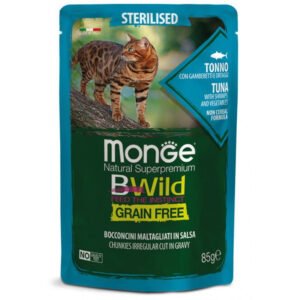Monge BWILD Cat Pouches Sterilised Tuna, Shrimps – begrūdis konservuotas pašaras sterilizuotoms katėms 85g 12/24vnt