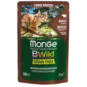 Monge BWILD Cat Pouches All Age – begrūdis konservuotas pašaras Didelių veislių katėms Buivolo mėsa, 85g 12/24vnt