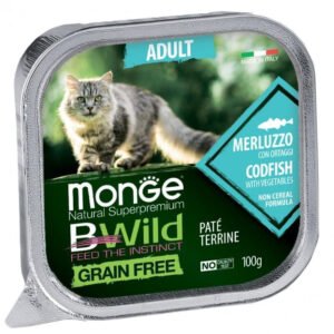 Monge BWild Adult paštetas suaugusioms katėms su su menke ir daržovėmis 100g 12/32 vnt