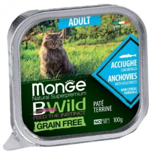 Monge BWild adult Bgerūdis paštetas suaugusioms katėms su ančiuviais ir daržovėmis 100g 12/32 vnt
