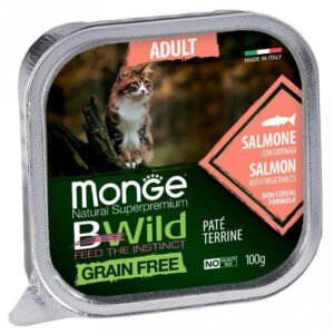 Monge BWild adult Begrūdis paštetas katėms su lašiša ir daržovėmis 100g 12/32 vnt