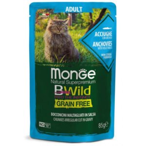 Monge BWILD Cat Pouches Grain Free Adult Anchovies and Vegetables – begrūdis konservuotas pašaras katėms, 85g 12/24vnt