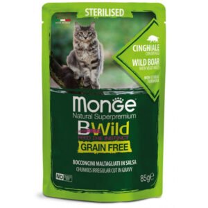 Monge BWILD Cat Pouches – begrūdis konservuotas pašaras sterilizuotoms katėms su Šerniena, 85g 12/24vnt