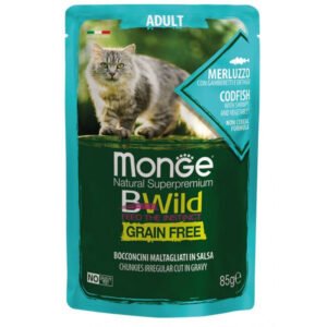 Monge BWILD Cat Pouches Grain Free Adult Codfish, Shrimps and Vegetables – begrūdis konservuotas pašaras katėms, 85 g 12/24vnt