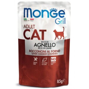 Monge GRILL Adult Begrūdis konservuotas pašaras katėms su ėriena 85g 12/28vnt