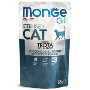 Monge Grill Sterilised konservuotas begrūdis pašaras sterilizuotoms katėms su upėtakiu 85g 12/28vnt