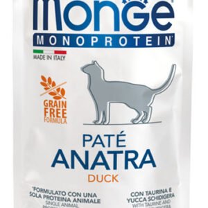 Monge Monoprotein Adult begrūdis konservuotas pašaras katėms su antiena 85g 12/24 vnt