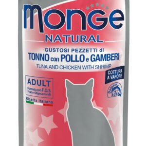 Monge Natural konservai suaugusioms katėms tuno ir vištienos kąsneliai su krevetėmis želėje 80g 12vnt