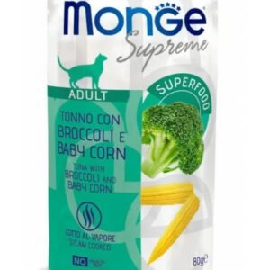 Monge SUPREME Adult Cat Tuna with Broccoli and Baby Corn – drėgnas pašaras suaugusioms katėms, 80g 12vnt