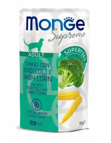Monge SUPREME Adult Cat Tuna with Broccoli and Baby Corn – drėgnas pašaras suaugusioms katėms, 80g 12vnt