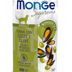Monge SUPREME Adult Cat Tuna with Mussels and Olives – drėgnas pašaras suaugusioms katėms Tunas, 80g 12vnt