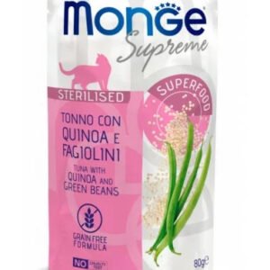 Monge SUPREME – konservai sterilizuotoms katėms su tunu, quinoa ir šparaginėmis pupelėmis, 80 g 12 vnt