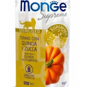 Monge SUPREME – konservai sterilizuotoms katėms su tunu, quinoa ir moliūgais, 80 g 12vnt
