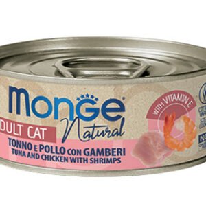 Monge konservai katėms su tuno, vištienos ir krevečių gabalėliais savo sultyse 80g 12vnt