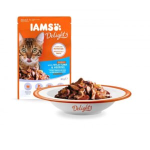IAMS Cat Delights Tuna & Herring Šlapias maistas suaugusioms katėms Tunas ir silkė drebučiuose 85 g 12/24vnt