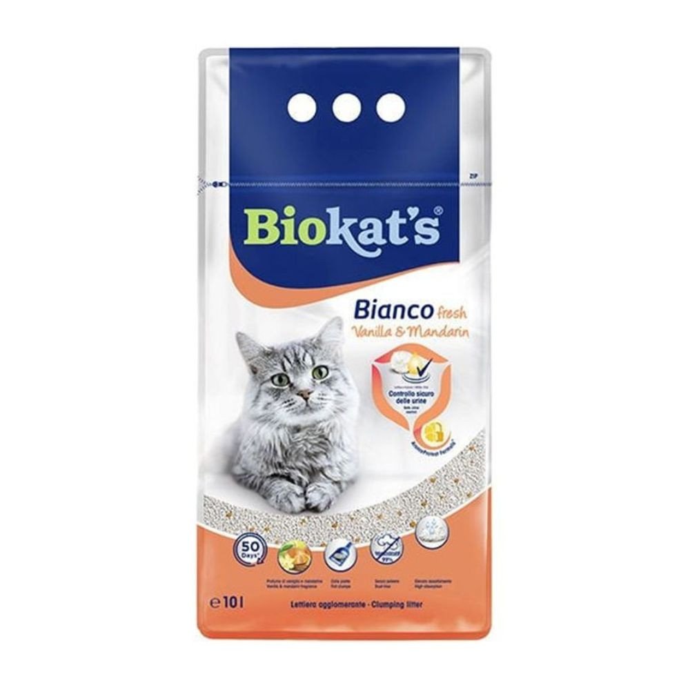 BIOKAT'S BIANCO FRESH VANILLA & MANDARIN – sušokantis kačių kraikas su vanilės ir mandarinų aromatu Molis 10 KG 2vnt