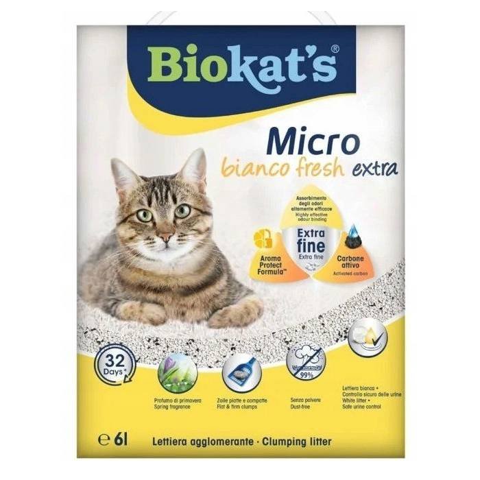 BIOKAT'S MICRO BIANCO FRESH EXTRA – sušokantis kačių kraikas su aktyvuota anglimi (kartoninėje dėžėje) 6 L 2vnt