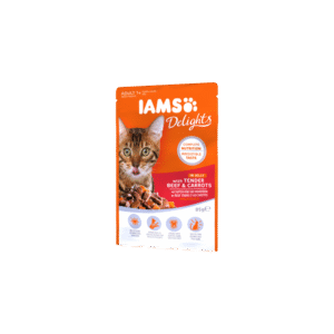 IAMS guliašas suaugusioms katėms su jautiena ir morkomis drebučiuose 85 g 12/24vnt