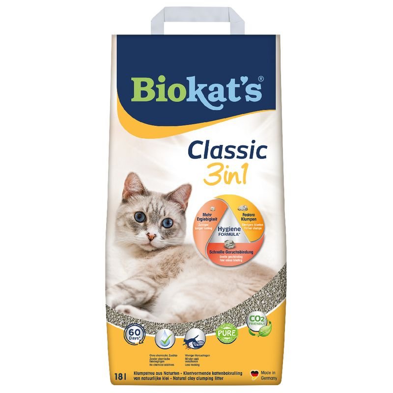 BIOKAT'S CLASSIC 3in1 sušokantis kačių kraikas su trijų dydžių granulėmis 10L 2vnt / 4vnt