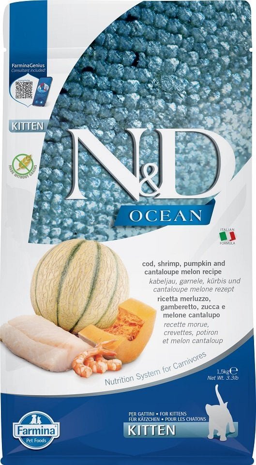 Farmina N&D Ocean Cod, Shrimp, Pumpkin & Cantaloupe – pašaras kačiukams su Menke ir krevetėmis