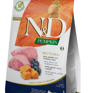 Farmina N&D Pumpkin Lamb & Blueberry Neutered – pašaras kastruotoms katėms su Ėriena