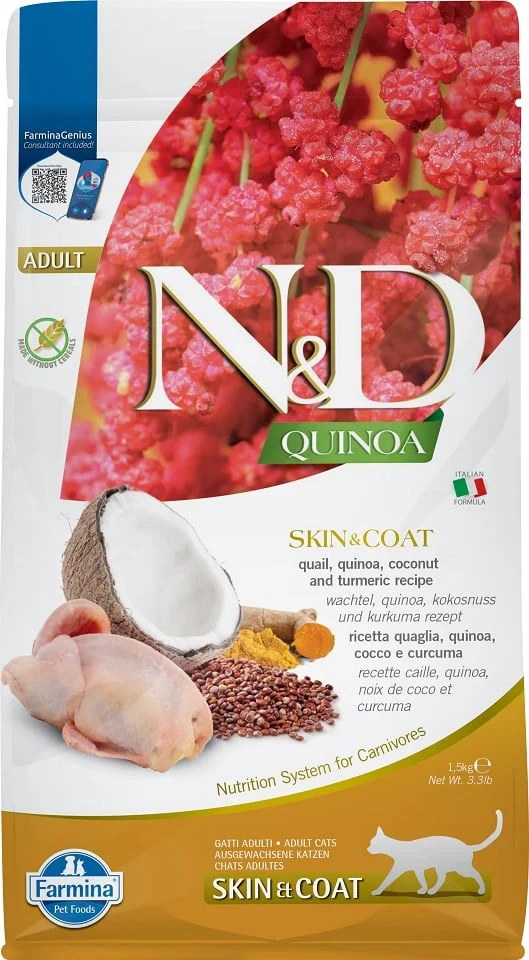 Farmina N&D Quinoa Skin & Coat Quail & Coconut – sausas pašaras katėms odai ir kailiui su Putpeliena