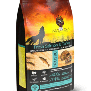 AMBROSIA Fresh Salmon & Turkey Mini Sterilised&Senior begrūdis sausas maistas Sterilizuotiems mažų veislių šunims 5kg