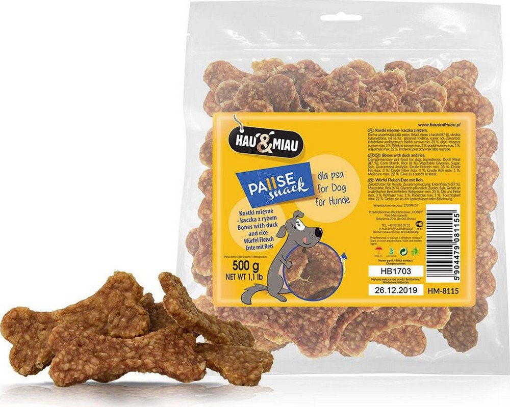 Hau&Miau mėsos kauliukai su antiena ir ryžiais šunims, 500 g / 1 kg