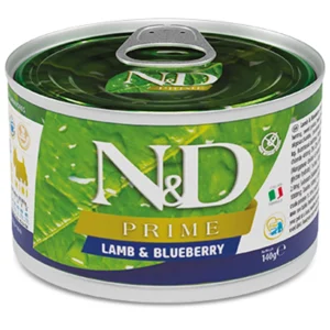 Farmina N&D Prime konservuotas pašaras mažų veislių suaugusiems šunims su ėriena ir mėlynėmis 140g