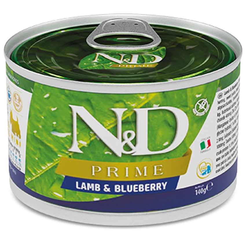 Farmina N&D Prime konservuotas pašaras mažų veislių suaugusiems šunims su ėriena ir mėlynėmis 140g