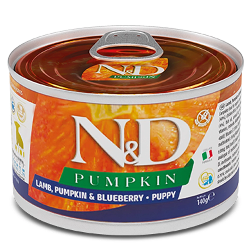 Farmina N&D Pumpkin konservuotas pašaras mažų veislių šuniukams su ėriena, moliūgais ir mėlynėmis 140g