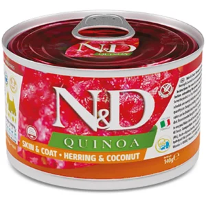 Farmina N&D Quinoa Herring & Coconut dietinis konservuotas pašaras mažų veislių suaugusiems šunims maisto netoleravimui 140g