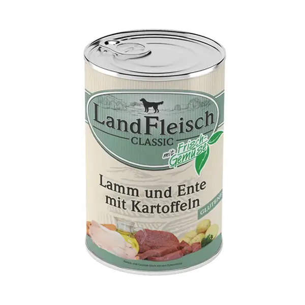 LandFleisch Classic konservai šunims su ėriena, antiena ir bulvėmis 400g 6vnt / 12vnt