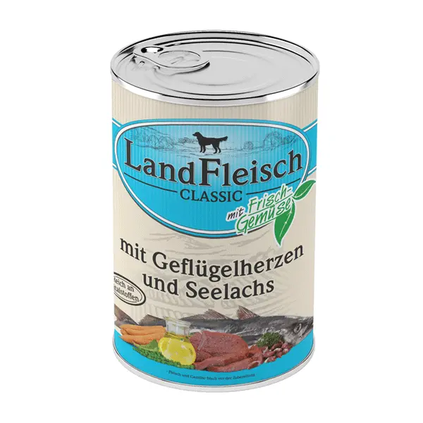 LandFleisch konservai šunims su paukštienos širdelėmis ir menke 400g 6vnt / 12vnt