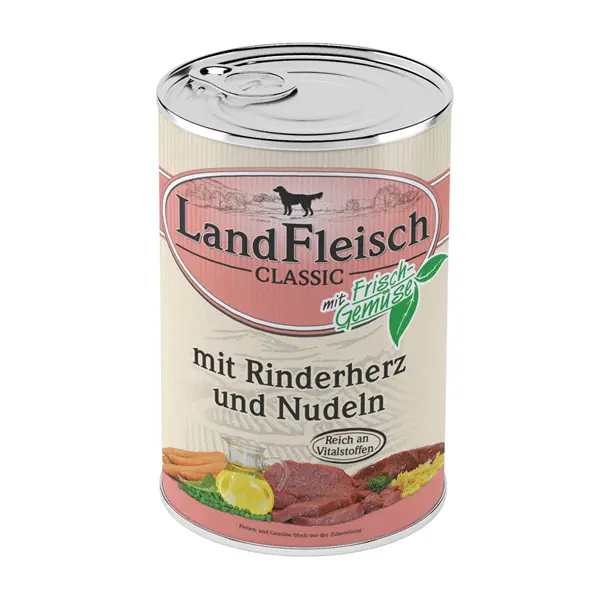 LandFleisch konservai šunims su jaučių širdimis ir makaronais 400g 6vnt / 12vnt