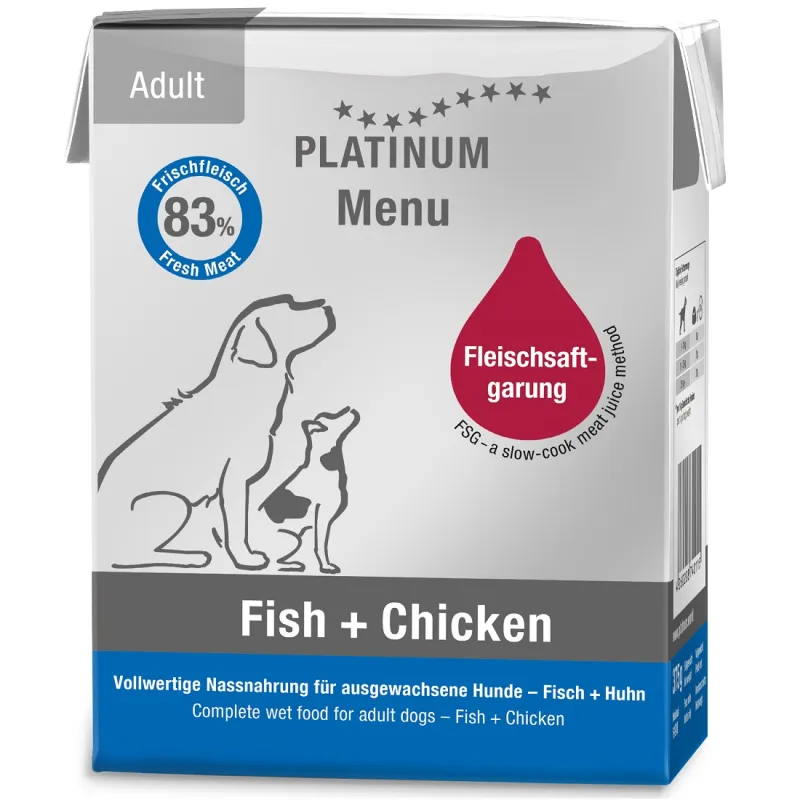 Platinum MENU visavertis konservuotas pašaras suaugusiems šunims su žuvimi ir vištiena 375g 6vnt / 12vnt